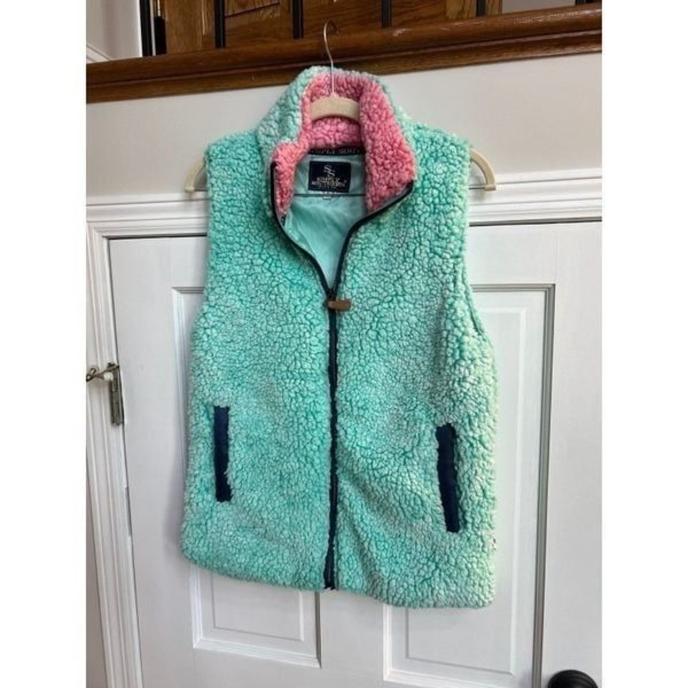 Simply Southern Sherpa Vest Seaglass Pink‎ Full Zip Polyester sz Small